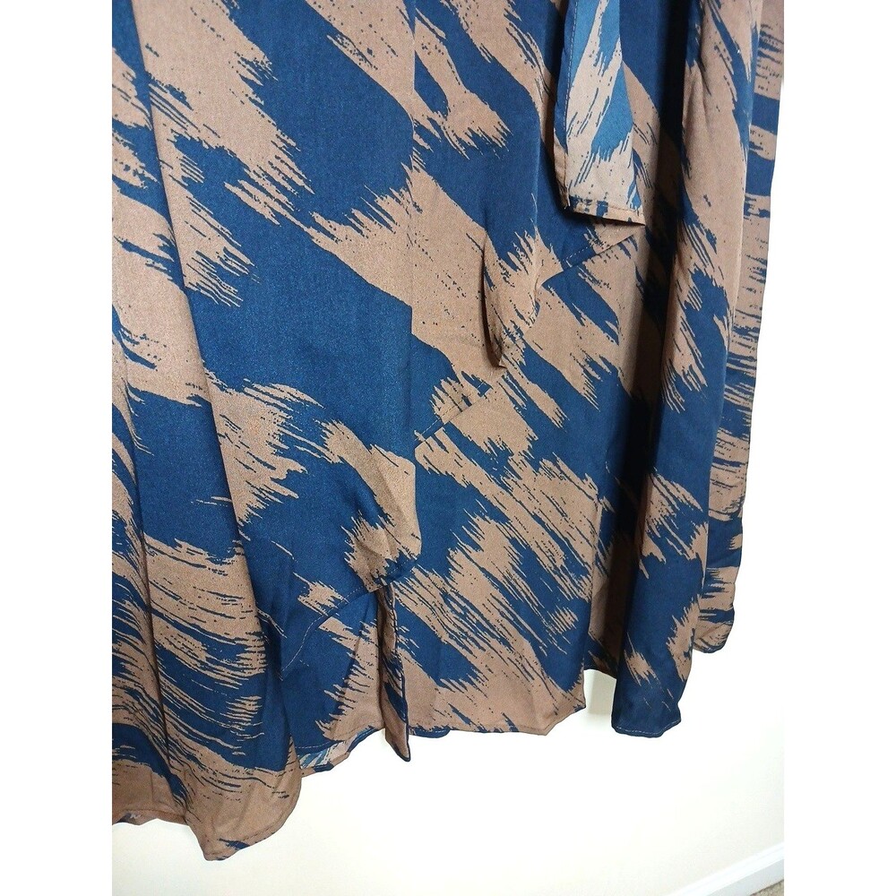 Women's Flowy Faux Wrap Dress V-Neck Long Sleeve Size XL Blue/Brown - Picture 6 of 9